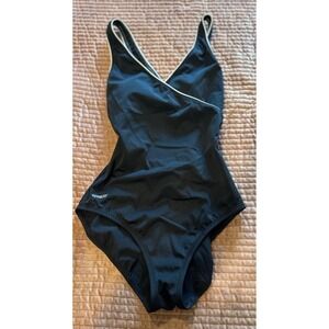 Speedo Womens Black Surplice V-Neck One Piece Swimsuit Keyhole Back Size 10